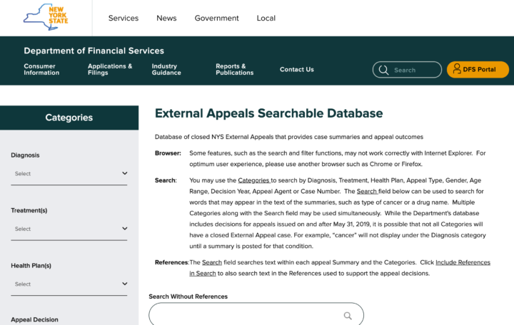Searchable External Appeals Database website